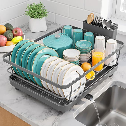 Sakugi Stainless Steel Dish Drying Rack for Kitchen Counter, Sink Organization and Storage Essentials with Silverware & Utensil Holder, Home and Apartment Decor, 12''W x 15.6''L, Gray by Sakugi