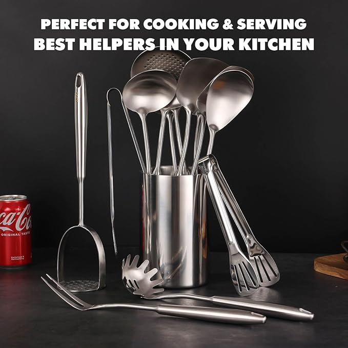 18/10 Stainless Steel Kitchen Utensils Set - 12 PCS All Metal Cooking Tools & 15″ Serving Utensils - Potato Masher, Meat Fork, Tongs, Turner, Pasta, Serving Spoon, Skimmer, Ladle, Spatula Spoon Set - Image 5