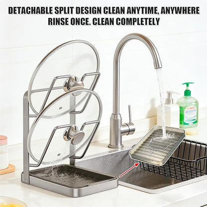 304 Stainless Steel Pot Lid Holder While Cooking, Pot Lid Organizer Rack with Drip Tray for Stove Top, Multifunctional Kitchen Countertop Organizer Space Saving Lid Holder (Silver)