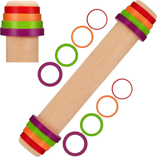 Ireer Adjustable Rolling Pin with Thickness Rings 12 Inch Wood Rolling Pin Wooden Round Tube Roller Clay Tool Pottery Rolling Mud Stick with Spacer Bands for Bar Art DIY Ceramics Craft Sculpting