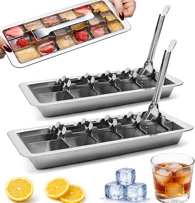 Stainless Steel Ice Cube Trays, Metal Ice Cube Trays for Freezer Vintage Inspired Design with Release Lever Remove Handle for Making Large Cubes Kitchen & Bar (2 pcs) by Unknown
