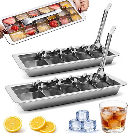 Stainless Steel Ice Cube Trays, Metal Ice Cube Trays for Freezer Vintage Inspired Design with Release Lever Remove Handle for Making Large Cubes Kitchen & Bar (2 pcs) by Unknown
