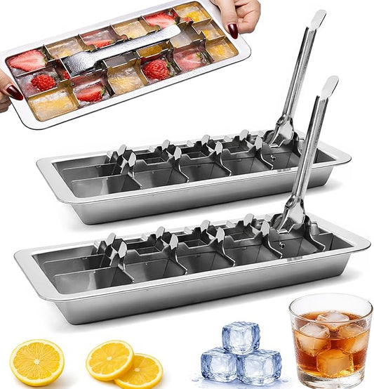 Stainless Steel Ice Cube Trays, Metal Ice Cube Trays for Freezer Vintage Inspired Design with Release Lever Remove Handle for Making Large Cubes Kitchen & Bar (2 pcs) by Unknown