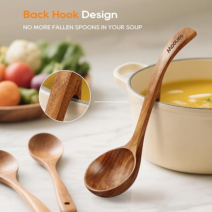 Wooden Ladle for Soup, 3 Size Teak Wood Ladle Spoon with Back Hooks, Heat Resistant Wooden Spoons for Cooking, Non-Stick, Comfortable Grip, Wood Kitchen Utensils Set for Serving, Stirring - Image 3