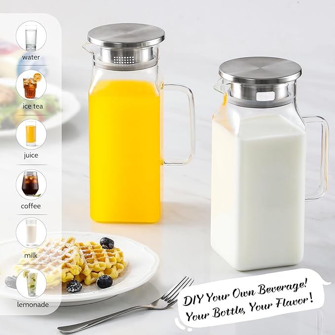 Netany 2 Pack 1.2 Liters/40 oz Small Square Glass Pitcher with Lid and Handle for Fridge, Iced Tea and Coffee Carafe Storage Container, Resistant to Hot and Cold Borosilicate Jug - Image 3