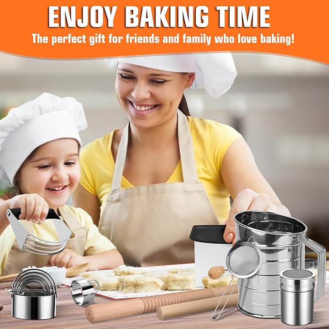 Biscuit Cutter Set, 14PCS Pastry Blender Set with Pastry Cutter, Flour Sifter, Rolling Pin, Biscuit Cutter, Dough Cutter, Powdered Sugar Shaker Duster, Fine Mesh Strainer Baking Mat for Cooking Baking - Image 7