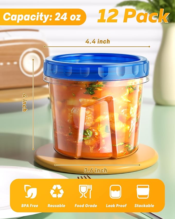BiuLeon 12 Pack-24 oz Freezer Storage Containers, Plastic Food Storage Containers with Twist Top Lids, BPA Free and Reusable Soup Containers with Lids, Leakproof/Microwave/Dishwasher Safe - Image 2
