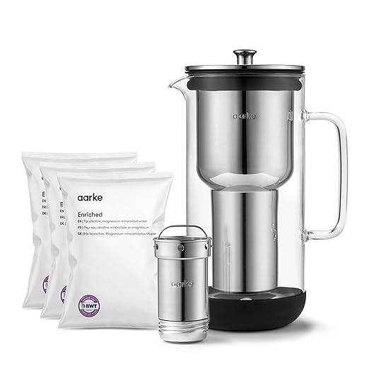 Aarke Purifier Regular Glass Pitcher Bundle w/Steel Filter, BPA-Free, 3 Enriched + 1 Pure Granules, 2.4L Pitcher with 1.18L Filtration Capacity by aarke