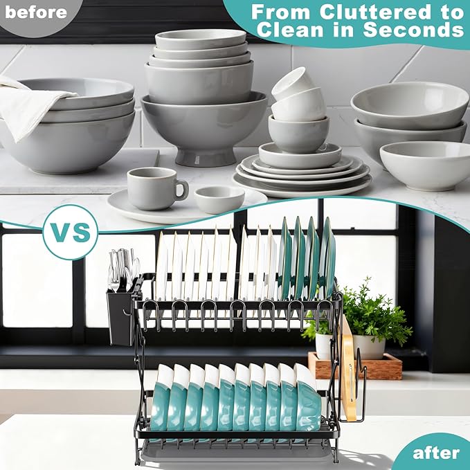 2-Tier Dish Racks for Kitchen Counter, Stainless Steel Kitchen Dish Drying Rack Large Dish Drainers for Kitchens Counter, Space Saving Dishes Strainer for Bowl, Plate, Cup - Modern Counter Organizer - Image 7