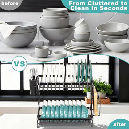 2-Tier Dish Racks for Kitchen Counter, Stainless Steel Kitchen Dish Drying Rack Large Dish Drainers for Kitchens Counter, Space Saving Dishes Strainer for Bowl, Plate, Cup - Modern Counter Organizer - Image 7