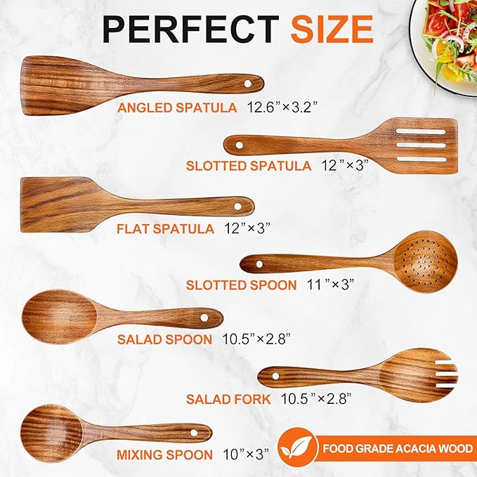 7 Pcs Acacia Wood Cooking Utensils Set Large Wooden Spoons for Cooking Spatula Salad Mixing Spoon Non Toxic Utensil for Kitchen Use Spatulas Non Stick Turner Slotted Serving Spoon Kitchen Utensils - Image 2