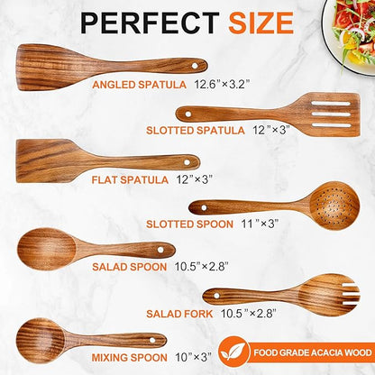 7 Pcs Acacia Wood Cooking Utensils Set Large Wooden Spoons for Cooking Spatula Salad Mixing Spoon Non Toxic Utensil for Kitchen Use Spatulas Non Stick Turner Slotted Serving Spoon Kitchen Utensils - Image 2