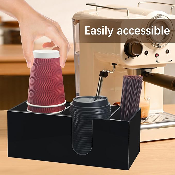 Coffee Bar Accessories and Organizer, Disposable Cup Holder for Countertop, Black Acrylic Storage and Organization for Cup Lid Stirrers Pod, Farmhouse Table Décor