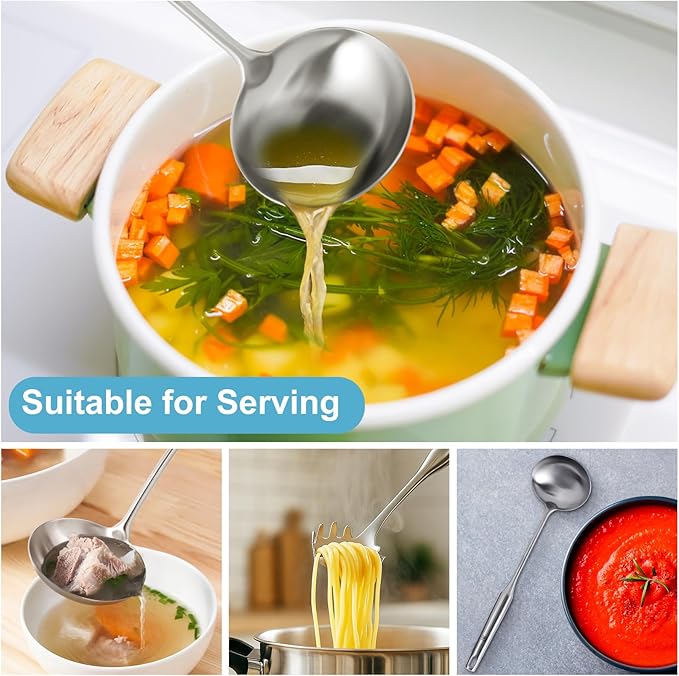 Stainless Steel Soup Ladle and Spaghetti Spoon Set - Large Ladle Spoon, Pasta Strainer, Durable Kitchen Cooking Utensils for Stirring, Serving Pasta, Soup & Sauce，Christmas Gifts - Image 8