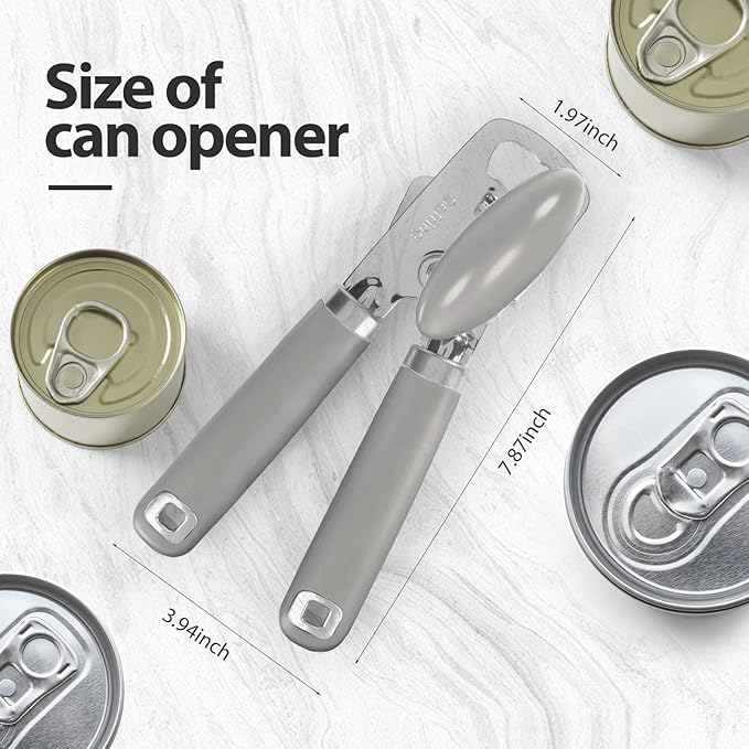 Safring Can Opener Manual, Heavy Duty Stainless Steel Smooth Edge Can Opener With Soft Touch Handle, Oversized Handheld Easy Turn Knob, Multi-Function Bottle Opener, Gray