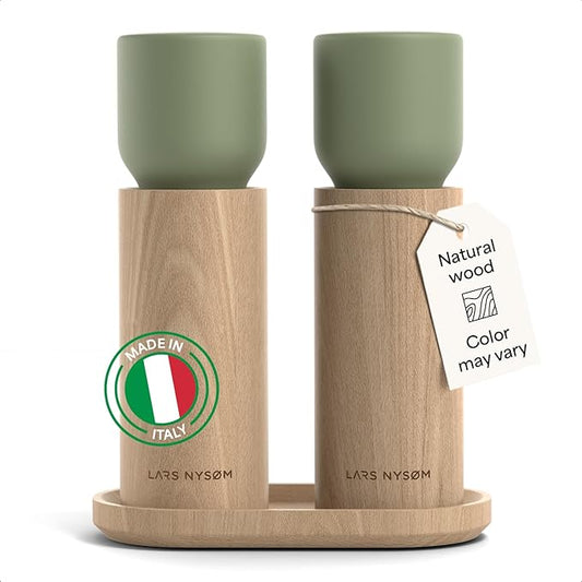 LARS NYSØM Wooden Salt and Pepper Grinder Set Manual with Tray - Salt and Pepper Mills with Adjustable Ceramic Grinder - Elegant Beechwood Pepper and Salt Mill Set for Dining Table (Sage Green)