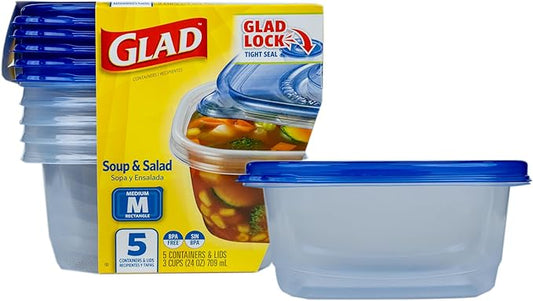 Glad GladWare Medium Rectangle Food Storage Containers with Lids, BPA Free Plastic for Soups Salads and Meal Prep, Airtight Leak Resistant, Microwave Dishwasher Freezer Safe, 24 Oz, 5 Count by GladTrashFoodStorage
