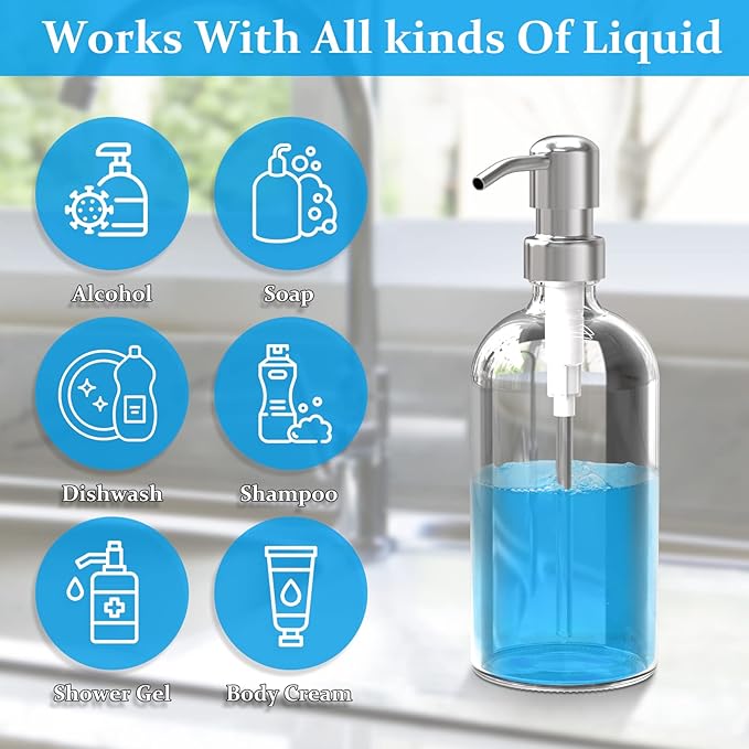 ARKTEK Refillable Soap Dispenser (2 Units) - 17 Oz Clear Glass Bottle with Rust Proof Pump for Hand and Dish Soap, Kitchen Bathroom Countertop - Image 7