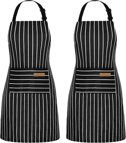 NLUS 2 Pack Cooking Aprons for Women with Pockets Adjustable Kitchen Bib Aprons for Women Men Chef, Black/White Stripe (Classic Black/White Stripes) by NLUS