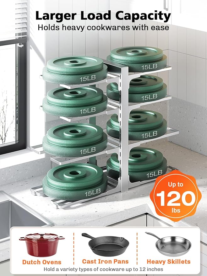 MUDEELA 8-Tier Pots and Pans Organizer under Cabinet, 15.83" Height Heavy Duty Pot Pan Organizer Kitchen Cabinet Organization and Storage, Adjustable Pot Rack for Frying Pan, Cast Iron Skillet, Sliver - Image 4