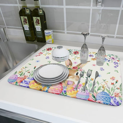 Giwawa Easter Rabbit Dish Drying Mat Spring Flower Dish Drainer Rack Mats 18x24 inch Absorbent Microfiber Fast Dry Pad Kitchen Counter Accessories