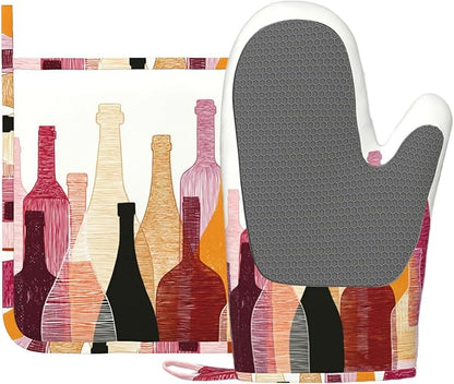 Red Wine Bottle Oven Mitts and Pot Holders Sets Non-Slip Silicone Surface for BBQ Gloves,Kitchen,Cooking,Baking,Grilling