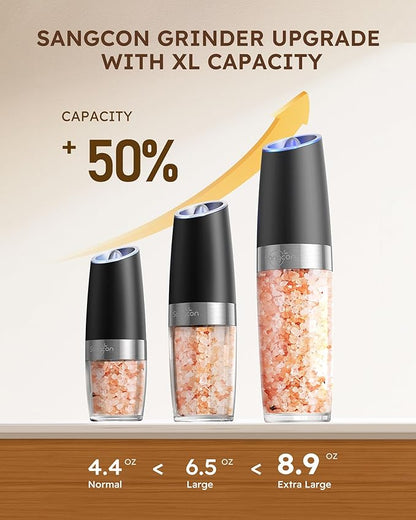 Sangcon Gravity Electric Salt and Pepper Grinder Set Shakers UPGRADED 9OZ XL CAPACITY Battery Powered Refillable Automatic One Hand Operation Adjustable Coarseness Mill Grinder Set for Kitchen - Image 2