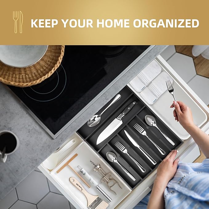 Besilord Silverware Organizer Kitchen Drawer Organizer Utensil Organizer Bamboo Silverware Holder Cutlery Organizer in Drawer Flatware Organizer Tray(7 slots, Black - Image 5