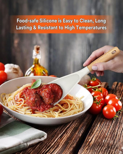 Cooking Spoon for Nonstick Cookwares, Great for Cooking and Serving Sturdy BPA-Free Matte Silicone, Wood Handle Spoon for Mixing, Scoop, and Scrape (Black & White, 11.4 inch) - Image 3