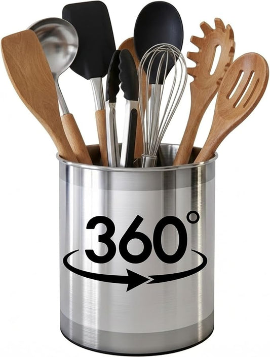 Cooler Kitchen Rotating Extra Large Stainless Steel Utensil Holder Caddy with Sturdy No-Tip Weighted Base, Removable Divider, and Gripped Insert Bottom -Dishwasher Safe Metal Cooking Utensil Holder by CoolerKitchen