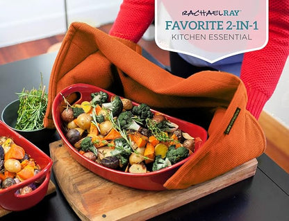 Rachael Ray Kitchen Towel, Oven Glove Moppine - 2-in-1 Ultra Absorbent Kitchen Towels with Heat Resistant Padded Pockets Like Pot Holders and Oven Mitts to Handle Hot Cookware - Burnt Orange, 2 Pack