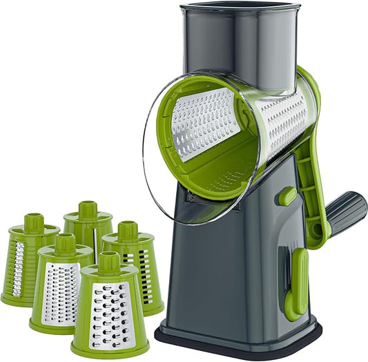 Ourokhome Rotary Cheese Grater Cheese Shredder with 5 Interchangeable Blades, Rotary Grater with Non-slip Suction Base Hand Crank Slicer for Vegetable Nuts Grey