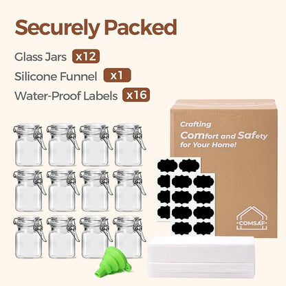 ComSaf Set of 12 Square Glass Spice Jars with Airtight Lids (4 Oz), Mini Favor Jars with Wire Clamp for Honey, Herbs & Farmhouse Kitchen Pantry Organization, with Funnel & Labels - Image 8