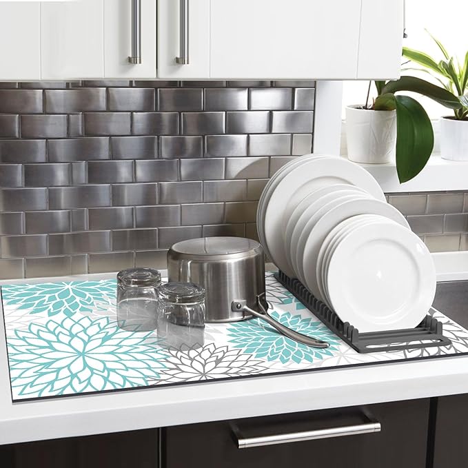 Findosom 2PCS 17" x 32" Dish Drying Mat & 24" x 5.5" Sink Splash Guard, Super Absorbent & Cuttable Dish Mat Drying Kitchen Mat with Teal Floral, Hide Stain Drying Mat for Kitchen Counter - Image 6