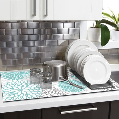 Findosom 2PCS 12" x 20" Dish Drying Mat & 24" x 5.5" Sink Splash Guard, Super Absorbent & Cuttable Dish Mat Drying Kitchen Mat with Teal Floral, Hide Stain Drying Mat for Kitchen Counter - Image 8