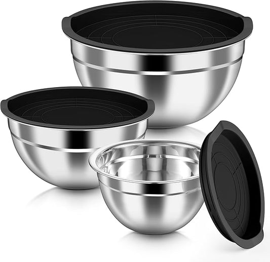 HaWare Mixing Bowls with Airtight Lids, 6-Piece Stainless Steel Salad Bowls, Strong Nesting Bowls for Cooking, Prepping, Baking, Serving & Food Storage, Stackable Design, Size 4.6, 3, 1.5QT, Black by HaWare