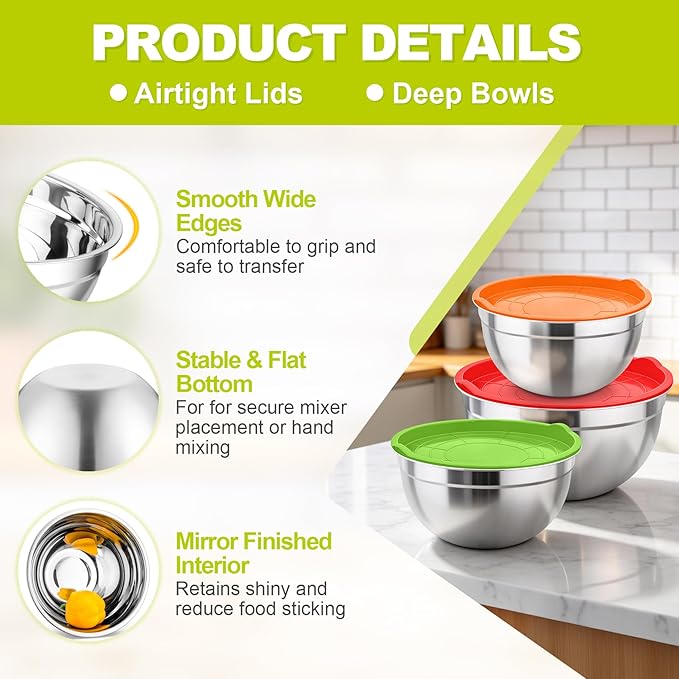 TeamFar Mixing Bowls, Stainless Steel Nesting Salad Bowls with Airtight Lids Set, For Serving/Mixing/Storing, Healthy & Long-lasting, Dishwasher Safe & Easy Clean, 4.6/3 / 1.5 QT, Colorful - Image 3