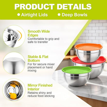 TeamFar Mixing Bowls, Stainless Steel Nesting Salad Bowls with Airtight Lids Set, For Serving/Mixing/Storing, Healthy & Long-lasting, Dishwasher Safe & Easy Clean, 4.6/3 / 1.5 QT, Colorful - Image 3