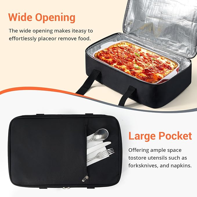 Insulated Casserole Carrier for Hot or Cold Food,Pie Carrier Bag Lunch Bag Tote for Potluck Parties/Picnic/Cookouts, Fits 9"x13" Baking Dish,Black
