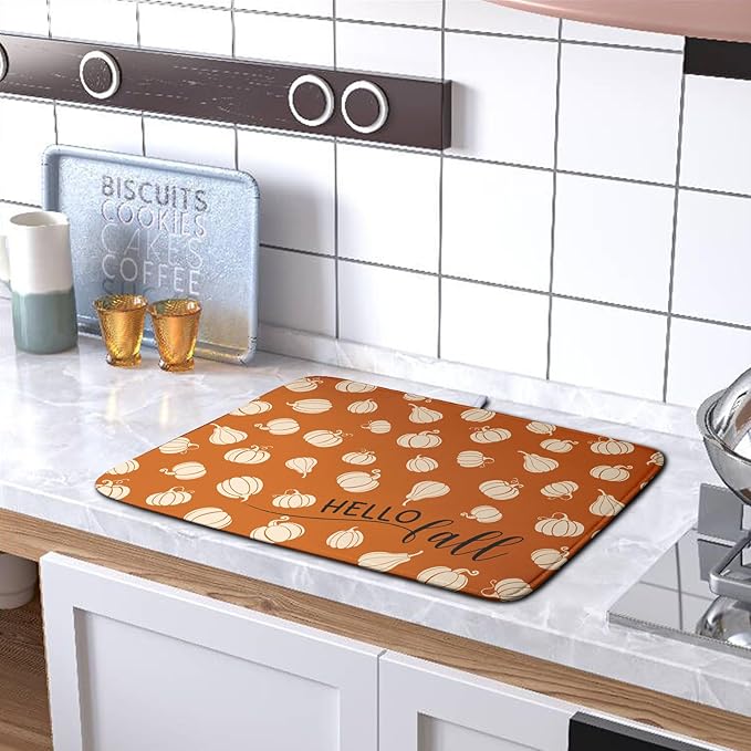 Hello Fall Drying Mat for Kitchen Counter Autumn Orange Pumpkin Dry Dish Mat Thanksgiving Absorbent Microfiber Dish Draining Washable Dish Drainer Rack Mat 16x18 Inch - Image 5