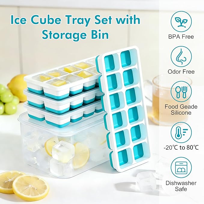 NFK Ice Cube Tray with Lid & Bin - 4 Pack 48 Cubes Stackable Silicone Trays for Freezer with Storage Container, Leak-Proof Lids, BPA-Free, Easy Release for Kitchen, RV, Party, Cocktail & Coffee - Image 2