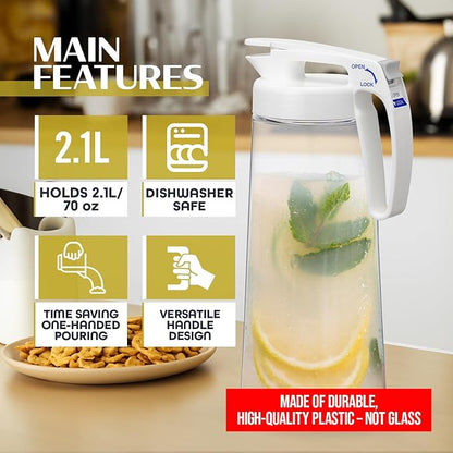 Lustroware QuickServe Airtight Pitcher - 2.1L (70oz), Heat Resistant, BPA-Free SAN Plastic, One Touch Open & Close, Space-Saving, Made in Japan - White - Image 4
