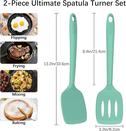 Coukre 2 Pack Silicone Spatula Set, High Heat Resistant, BPA Free Kitchen Spatula, Solid & Slotted Turner for Non-Stick Pans, Sautéing, and Flipping (2, SolidAquaGreen) - Image 6