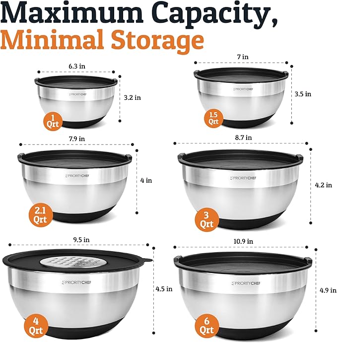 Priority Chef 6Pc Large Mixing Bowls With Lids Set with Non-Slip Bases, Stainless Steel Mixing Bowl Set, 6 Airtight Lids and 3 Graters, Black - Image 2
