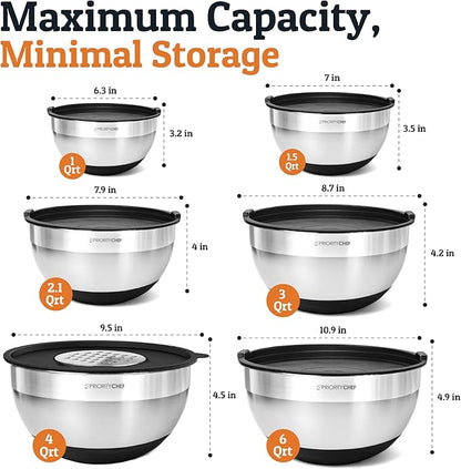 Priority Chef 6Pc Large Mixing Bowls With Lids Set with Non-Slip Bases, Stainless Steel Mixing Bowl Set, 6 Airtight Lids and 3 Graters, Black - Image 2