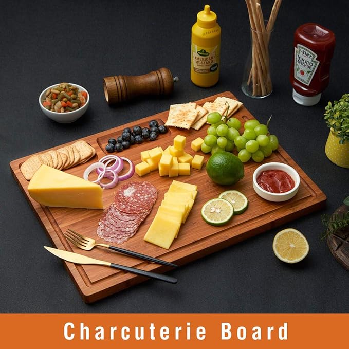 Large Bamboo Wood Cutting Board for Kitchen, Cheese Charcuterie Board with 3 Built-in Compartments and Juice Grooves, Butcher Block (17x12.6") - Image 7