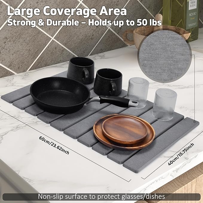 Large Stone Dish Drying Mats for Kitchen Counter, 24"(L)×16"(W), Drying Collapsible Dish Drying Mat, Eco-Friendly Absorbent Diatomaceous Earth Mats for Dishes Bottles Cups - Dark Grey - Image 4