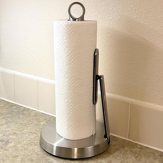 theaoo Heavy-Duty Stainless Steel Paper Towel Holder with Tension Arm – Easy One-Handed Tear, Modern Standing Countertop Dispenser for Kitchen, Holds All Paper Towel Rolls (1, Silver) - Image 4