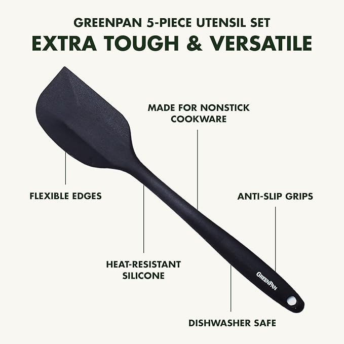 GreenPan 5 Piece Cooking Utensil Set, Flexible Nonstick Silicone, Stain-Free, Tongs, Turner, Spatula, Skimmer, and Slotted Spoon, Black - Image 3