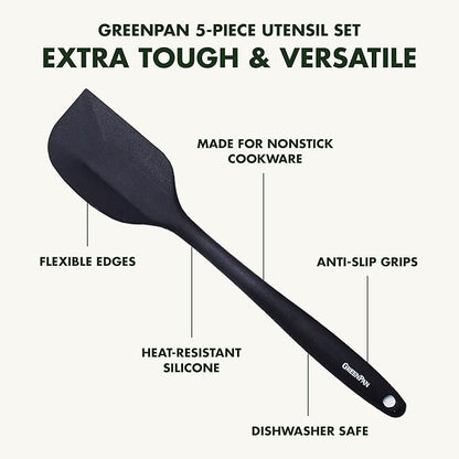 GreenPan 5 Piece Cooking Utensil Set, Flexible Nonstick Silicone, Stain-Free, Tongs, Turner, Spatula, Skimmer, and Slotted Spoon, Black - Image 3